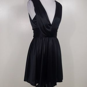 Short Formal LBD V neck Satin Ruched Black Dress